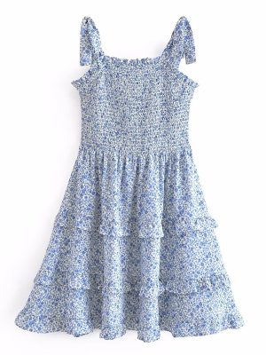 Blue Layered Lace Bow Print Vest Dress