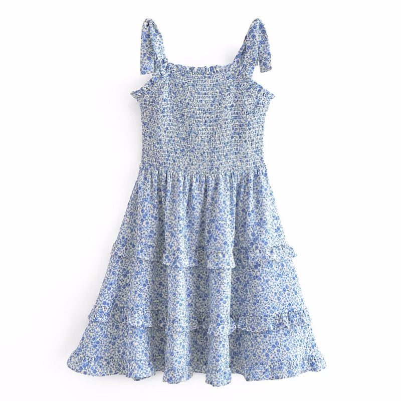 Blue Layered Lace Bow Print Vest Dress