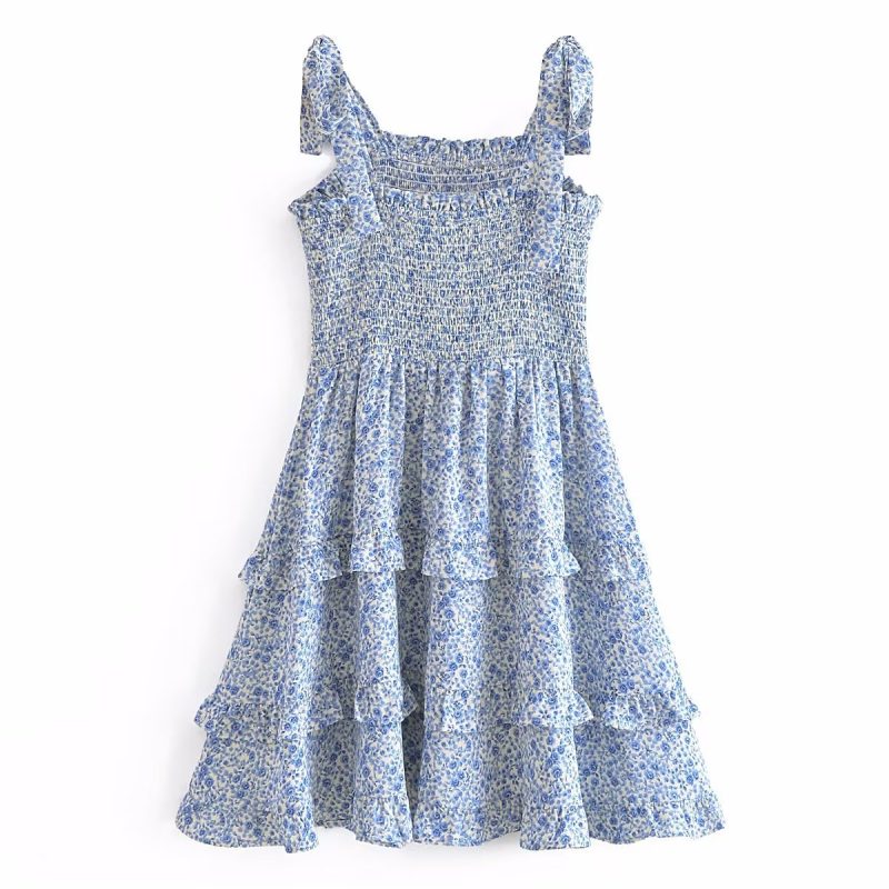 Blue Layered Lace Bow Print Vest Dress - Image 2