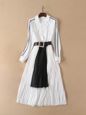 Elegant Colorblock Pleated Lace Dress with Belt