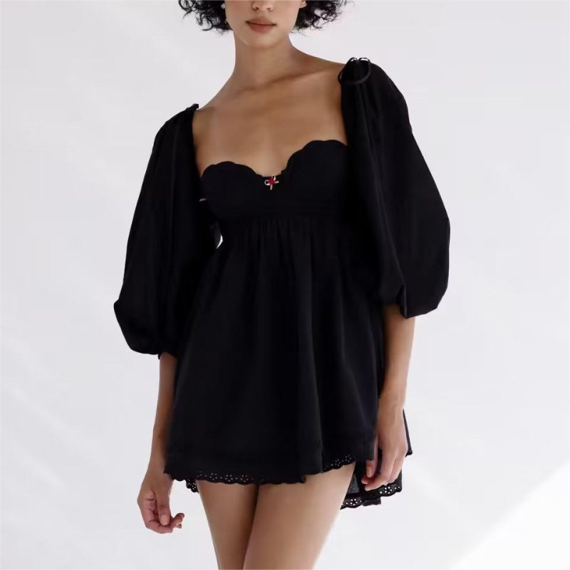 Elegant Puff Sleeve Princess Lace Dress Women