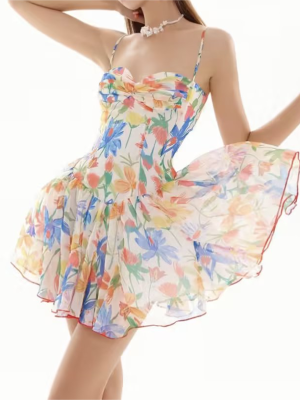 Summer Ruffle Corset Printed Short Dress