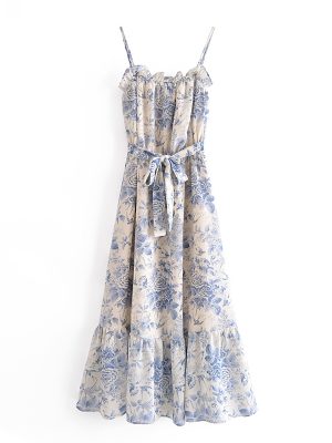 Summer Printed Sundress with Belted Waist Strap