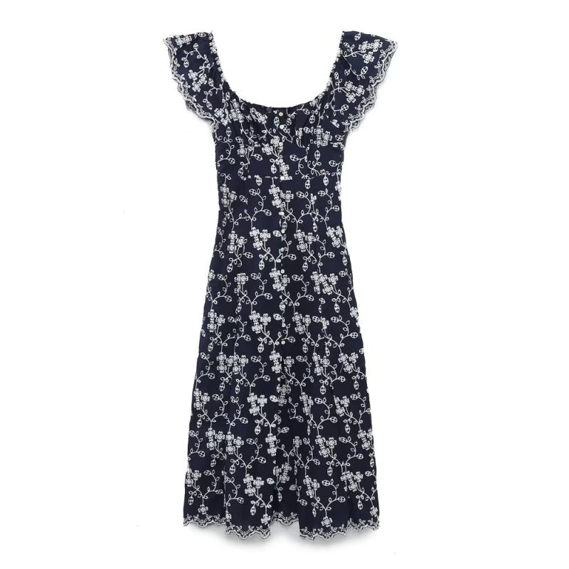 Floral Embroidered Button-Up Waist Midi Dress - Image 4