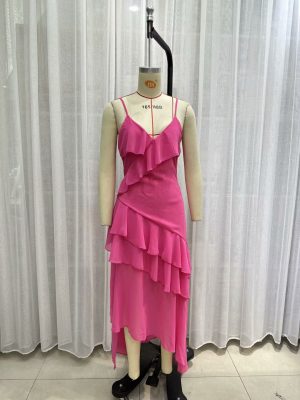 Elegant Rose Red Ruffled Strap Maxi Dress