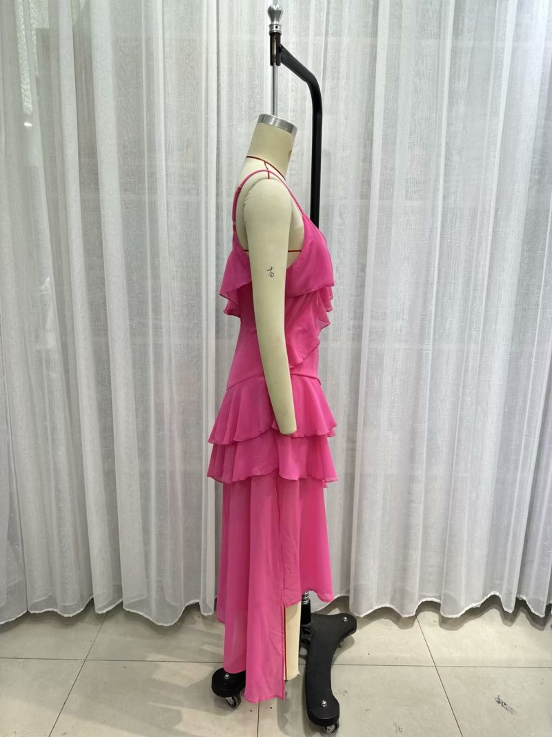 Elegant Rose Red Ruffled Strap Maxi Dress - Image 2