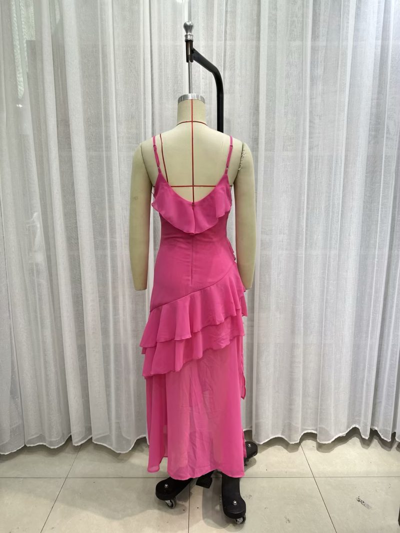 Elegant Rose Red Ruffled Strap Maxi Dress - Image 3