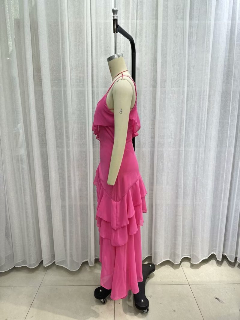 Elegant Rose Red Ruffled Strap Maxi Dress - Image 4