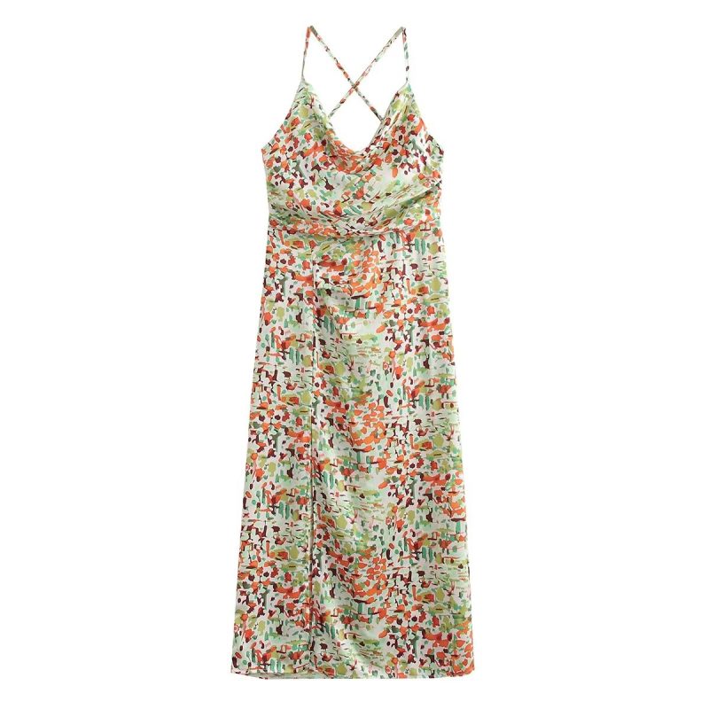 Back Cross Strap Printed Slim Beach Night Dress