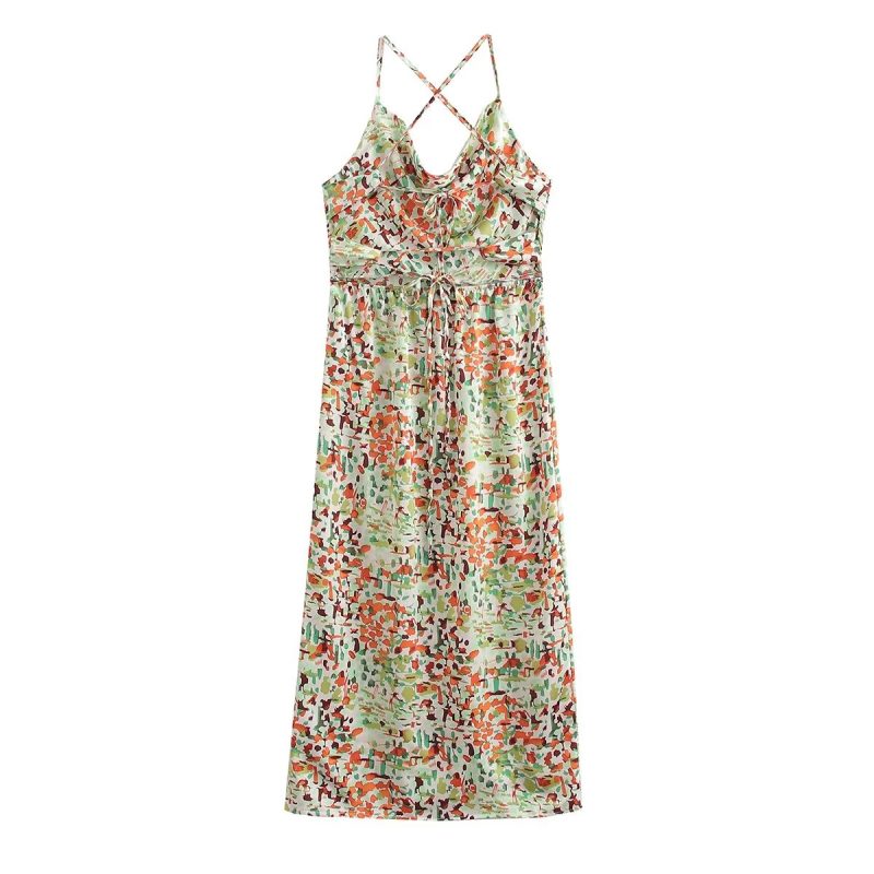 Back Cross Strap Printed Slim Beach Night Dress - Image 2