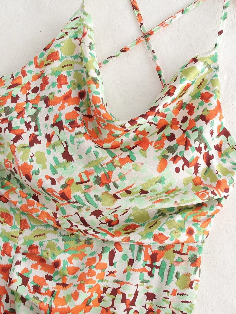 Back Cross Strap Printed Slim Beach Night Dress - Image 3