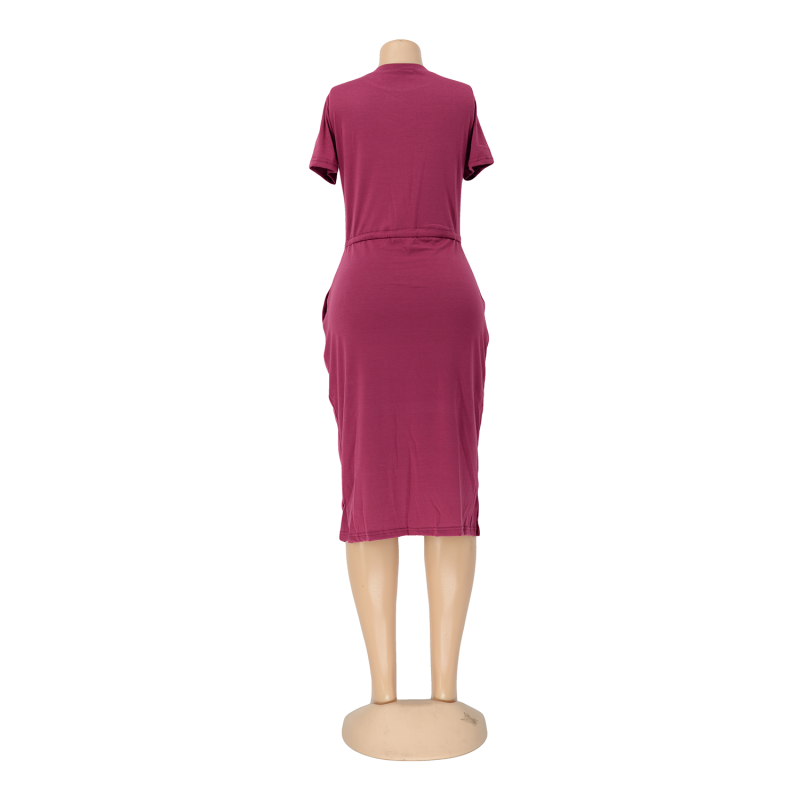 Basic Short Sleeve Elastic Waist Midi Dress - Image 3