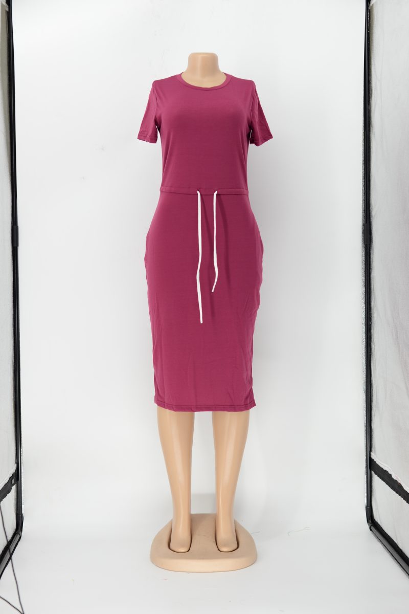 Basic Short Sleeve Elastic Waist Midi Dress - Image 4