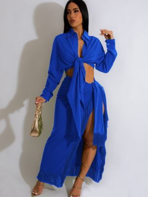 Women's Lace-Up Two-Piece Shirt Dress Tassel Skirt