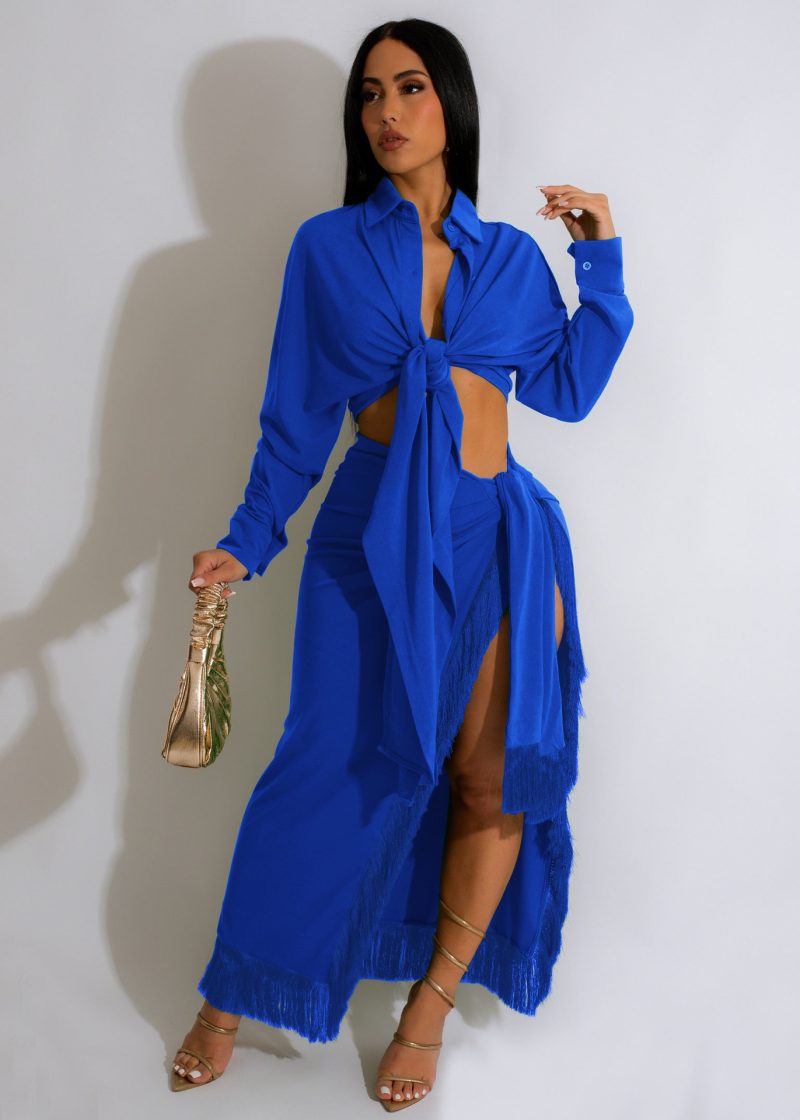 Women's Lace-Up Two-Piece Shirt Dress Tassel Skirt