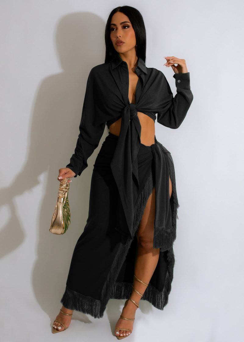 Women's Lace-Up Two-Piece Shirt Dress Tassel Skirt - Image 3
