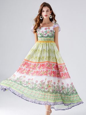 Colorful Floral Print Chiffon A-Line Dress