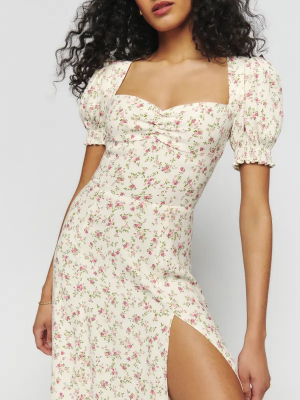 French Square Neck Printed Slit Midi Dress