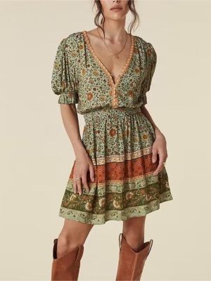 Floral Elastic Waist Mid-Length Summer Dress