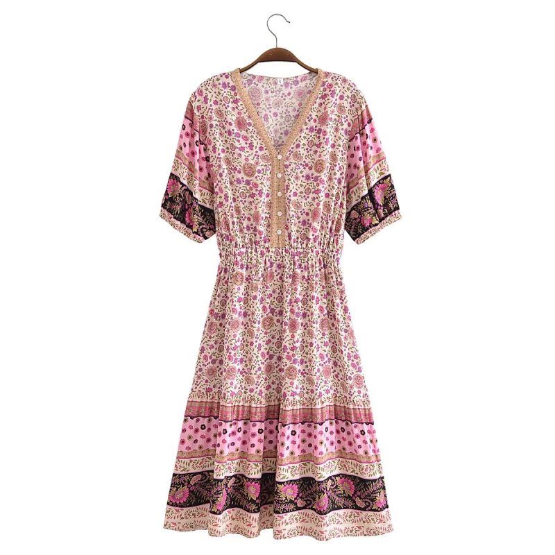 Floral Elastic Waist Mid-Length Summer Dress - Image 3