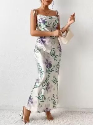 Summer Printed Satin Lace-Up Back Dress