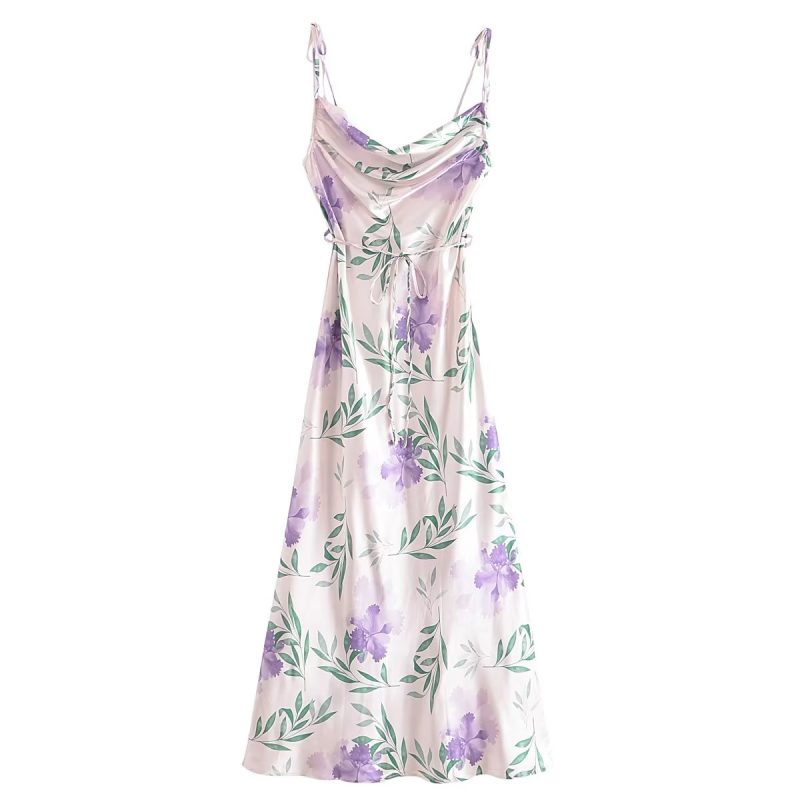 Summer Printed Satin Lace-Up Back Dress - Image 2