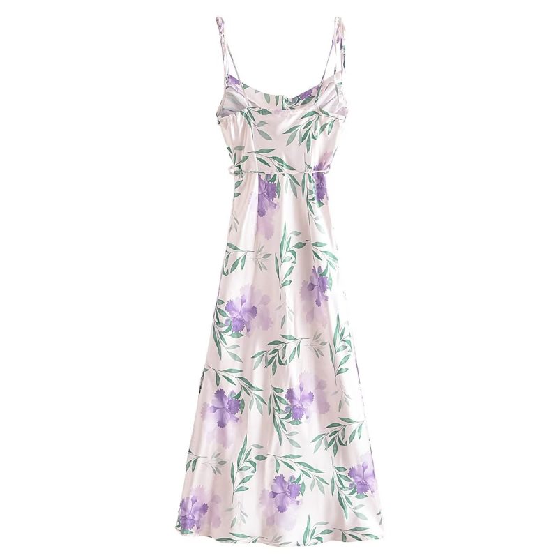 Summer Printed Satin Lace-Up Back Dress - Image 3