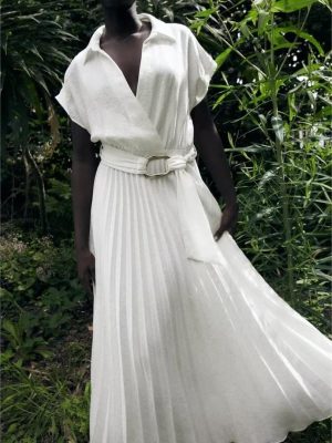 Chic Double Breasted White Pleated Dress Women