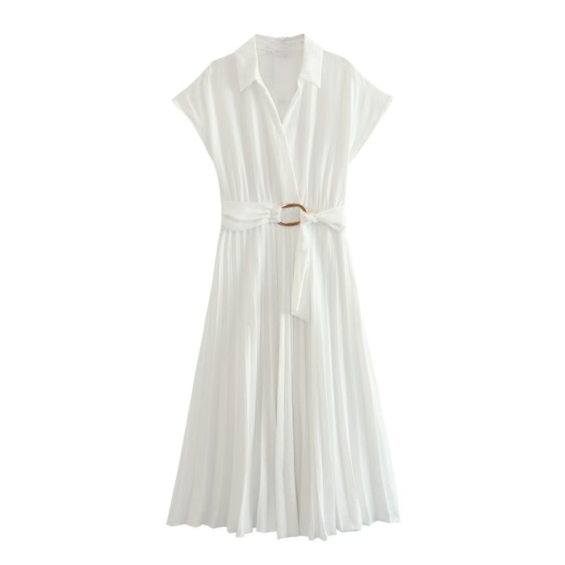 Chic Double Breasted White Pleated Dress Women - Image 3