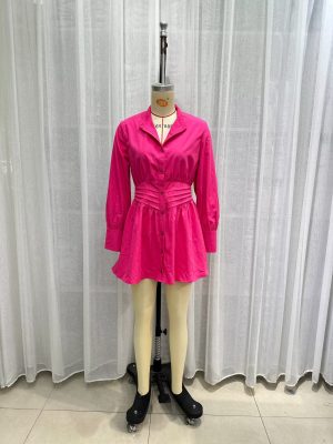Elegant Elastic Waist Poplin Shirt Dress Women