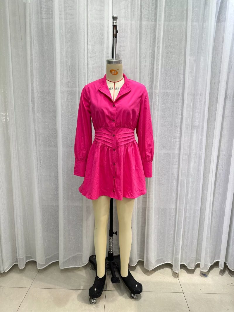 Elegant Elastic Waist Poplin Shirt Dress Women