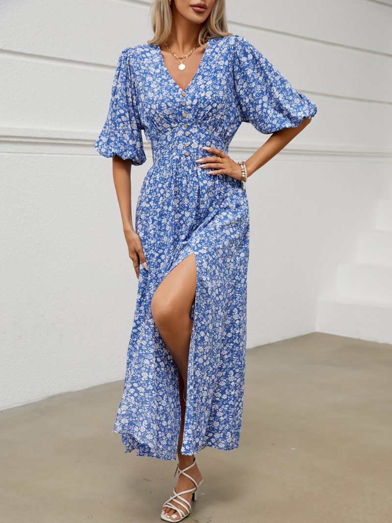French Summer Puff Sleeve Pleated Print Dress