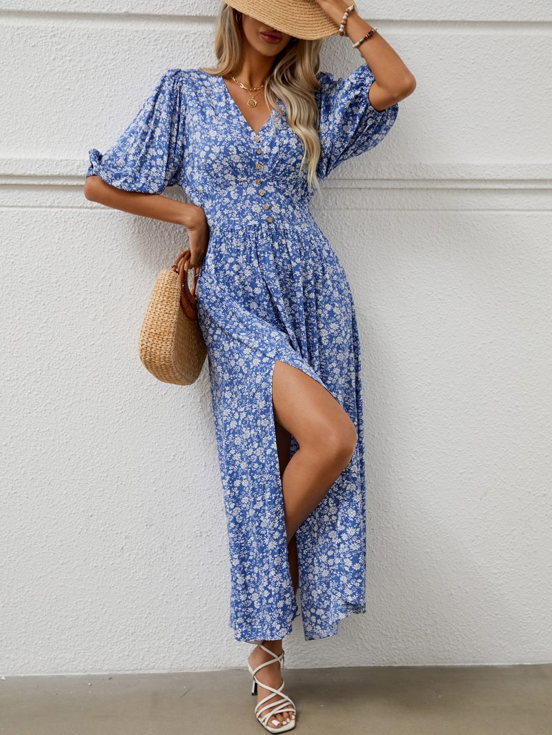 French Summer Puff Sleeve Pleated Print Dress - Image 2