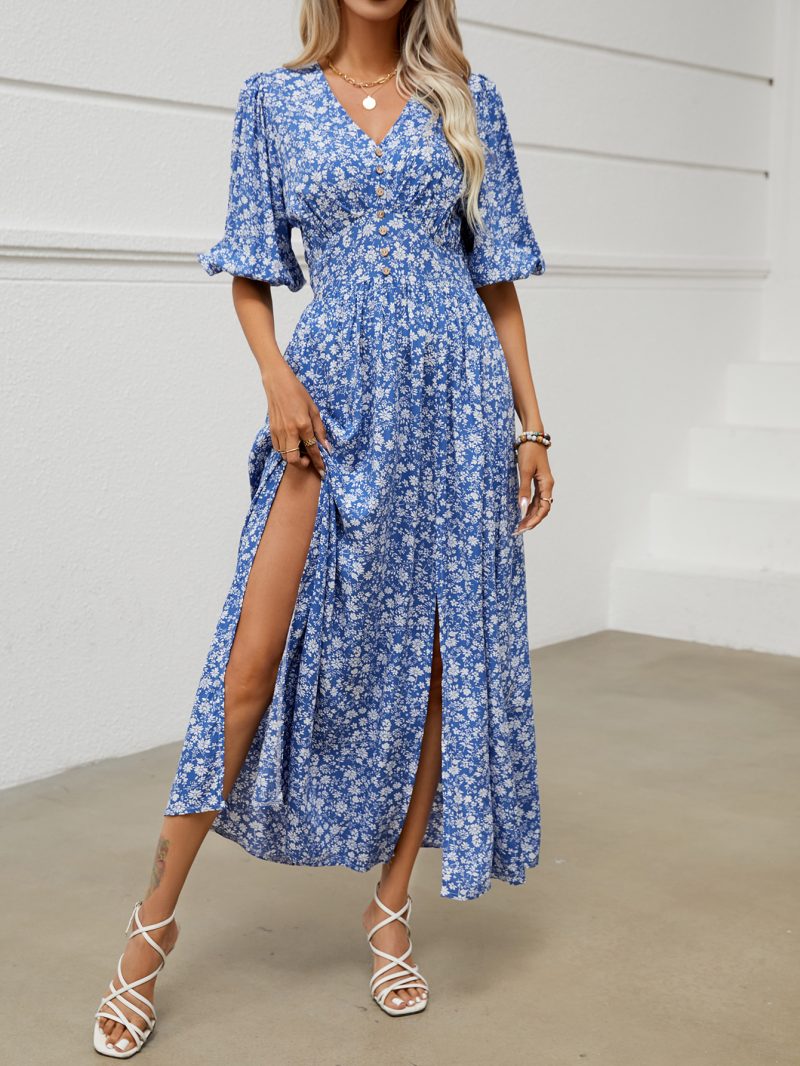 French Summer Puff Sleeve Pleated Print Dress - Image 3