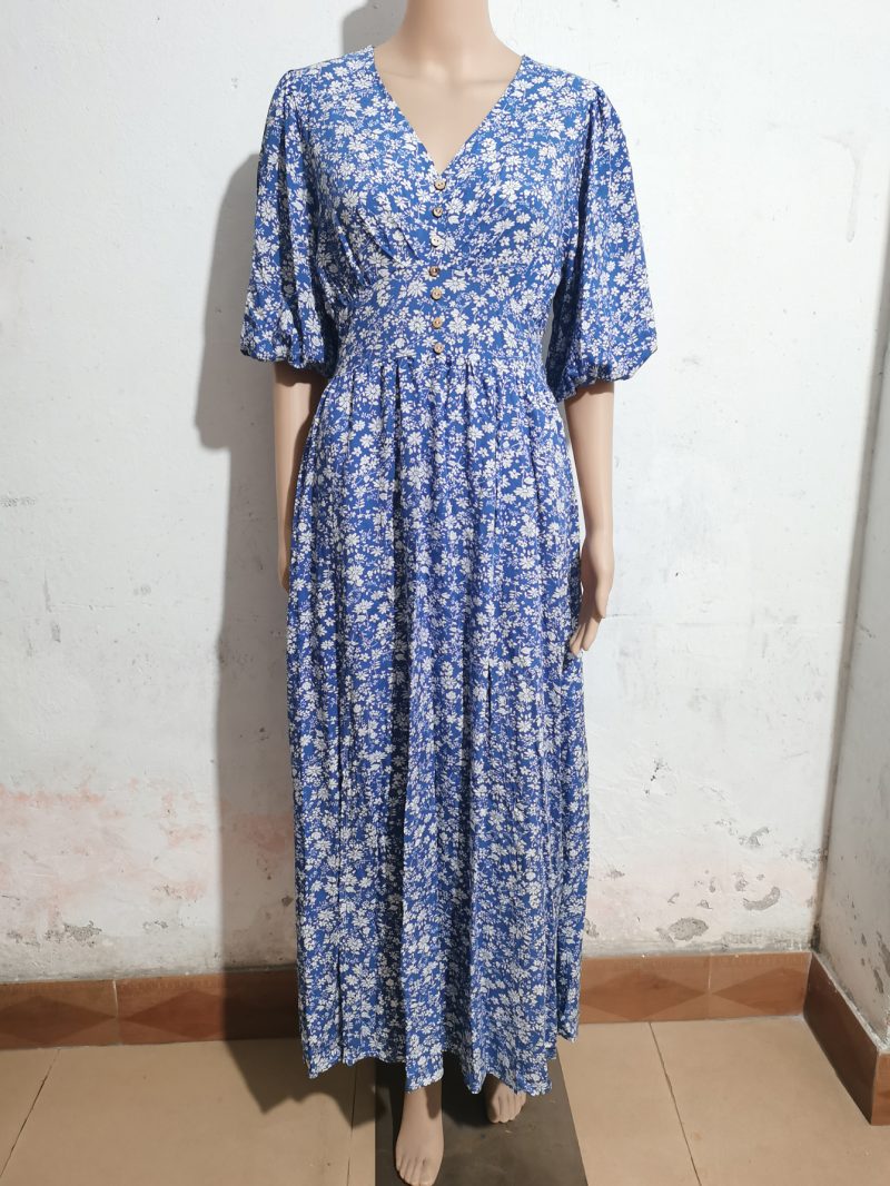 French Summer Puff Sleeve Pleated Print Dress - Image 4