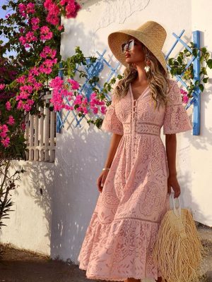 Lace Cutout V-Neck Button Summer Dress