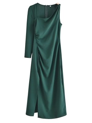 Elegant Asymmetric Dress with Metal Tint Ornament