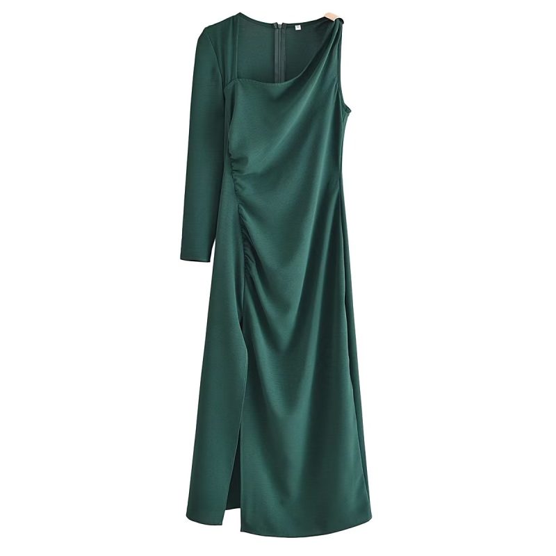 Elegant Asymmetric Dress with Metal Tint Ornament