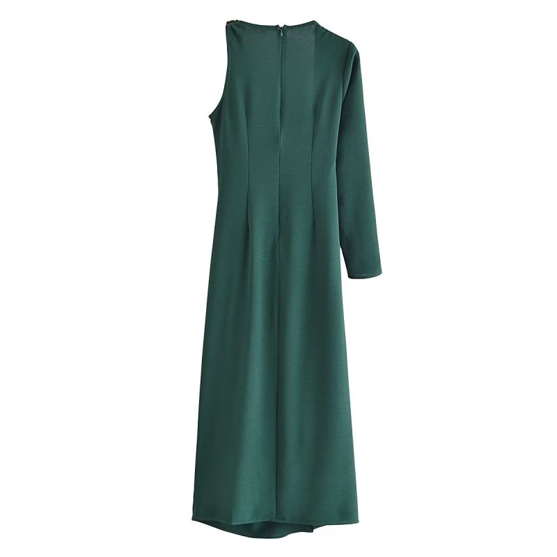 Elegant Asymmetric Dress with Metal Tint Ornament - Image 2