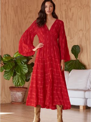 Elegant Embroidered V-Neck Red Cotton Dress