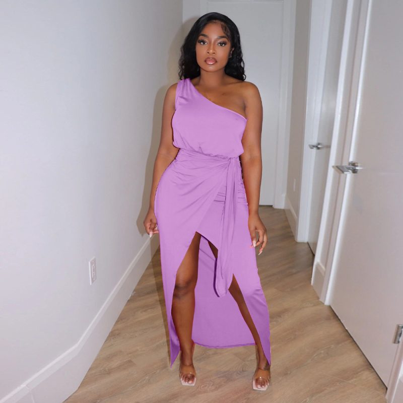 Solid Color Asymmetric Oblique Shoulder Slim Dress