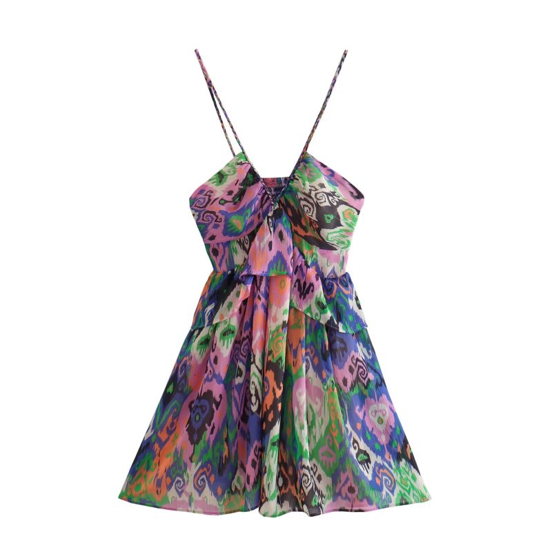 Summer Printed Sling Dress with Layered Detail