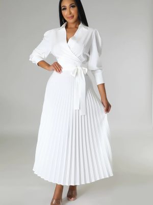 Women’s Casual Pleated Polo Dress Long Sleeve