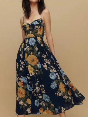 Elegant Retro Floral High Waist Midi Dress