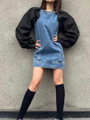 Autumn Denim Contrast Dress with Removable Sleeves
