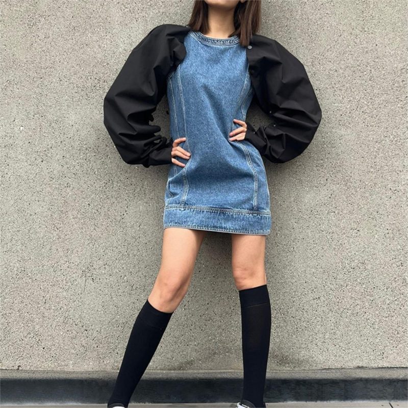 Autumn Denim Contrast Dress with Removable Sleeves