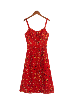 Autumn Red Floral Single-Breasted Sling Dress