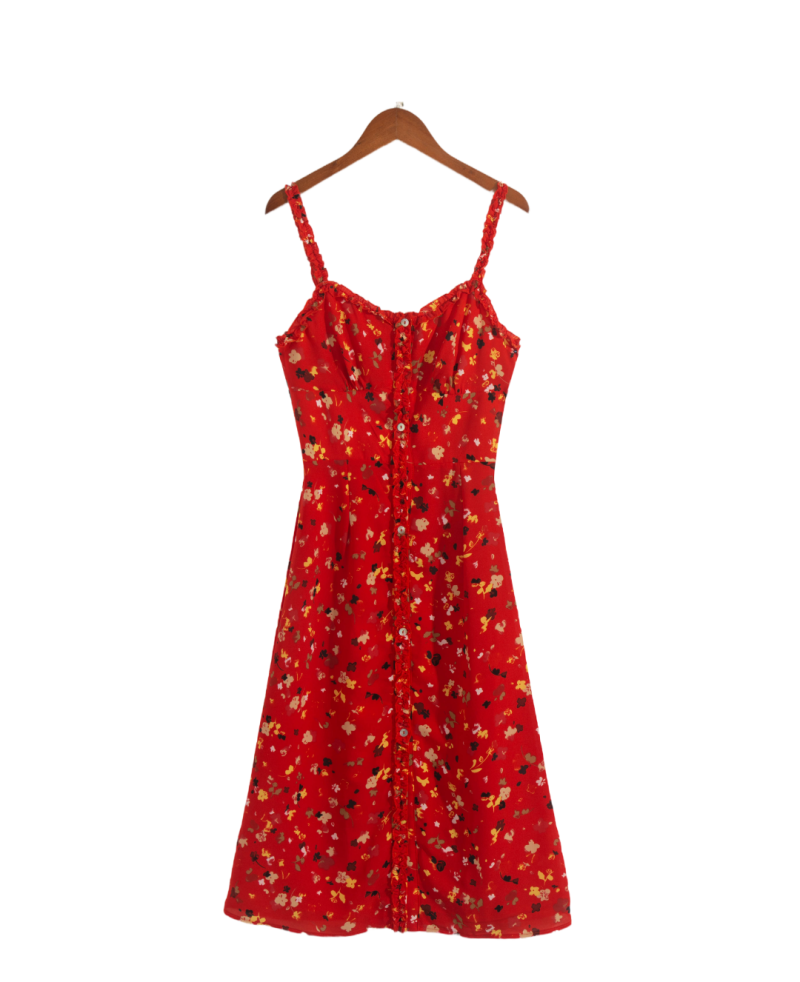 Autumn Red Floral Single-Breasted Sling Dress