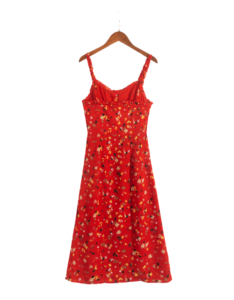 Autumn Red Floral Single-Breasted Sling Dress - Image 2