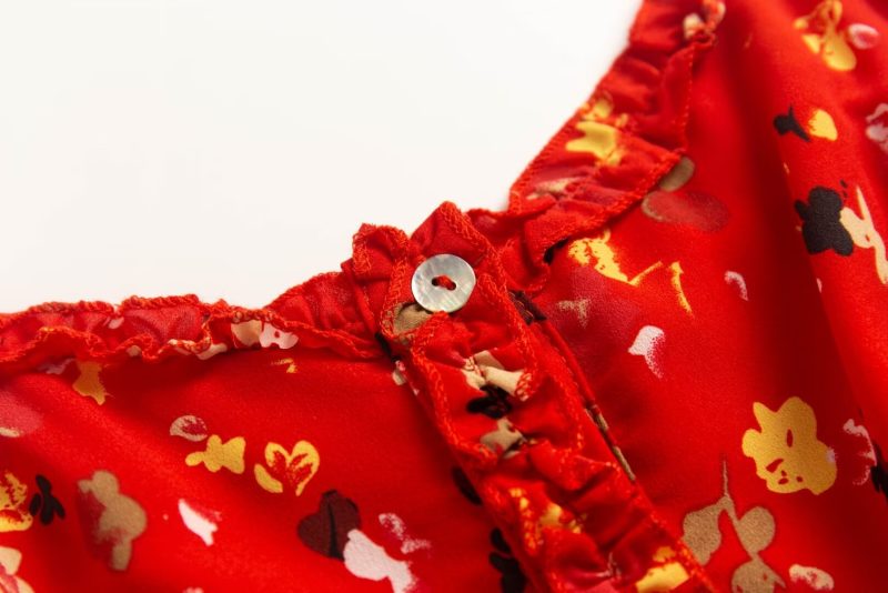 Autumn Red Floral Single-Breasted Sling Dress - Image 3